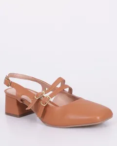 Sapato Feminino Boneca Slingback Salto Grosso Tiras Duplas Marrom 38
