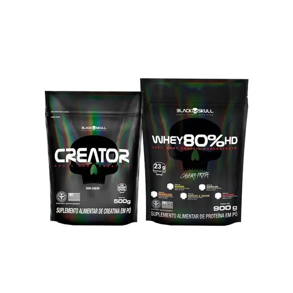 Whey 80% HD 900g + Creatina Creator - 500g Combo Whey 80% HD + Creatina Creator 500g Black Skull Baunilha