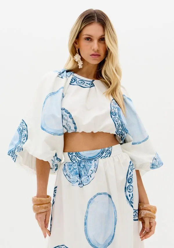 Blusa Balonê Cropped Estampada Branco M