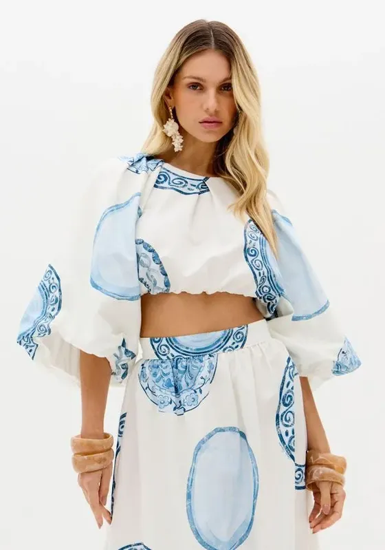 Blusa Balonê Cropped Estampada Branco G