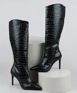 Bota Feminina Oneself Croco Cano Alto Salto Alto Preta 34