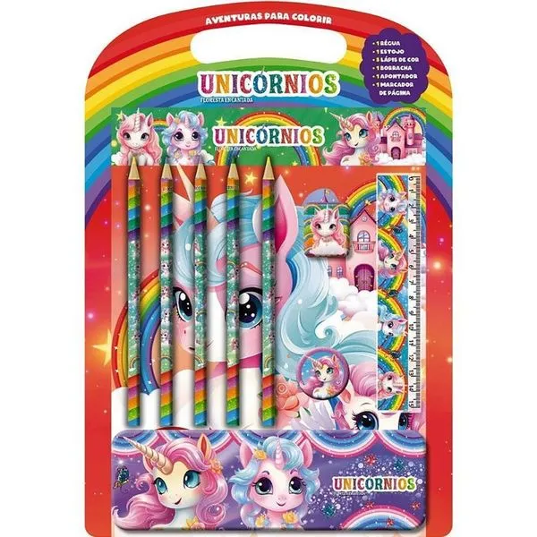 Kit Livro de Colorir Infantil Unicórnios com Estojo Régua Lápis Borracha Apontador Editora Online Kit Livro de Colorir Infantil Unicórnios com Kit Escolar Editora Online