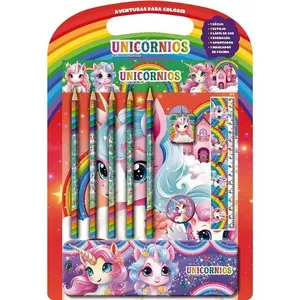 Kit Livro de Colorir Infantil Unicórnios com Estojo Régua Lápis Borracha Apontador Editora Online Kit Livro de Colorir Infantil Unicórnios com Kit Escolar Editora Online