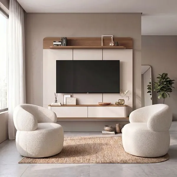 Conjunto Sala Painel Suspenso Concept para TV 70 Polegadas com 2 Poltronas Eloah Off White MDP MDF Home Design Conjunto Sala Painel Suspenso Concept para TV 70 Polegadas Off White Home Design
