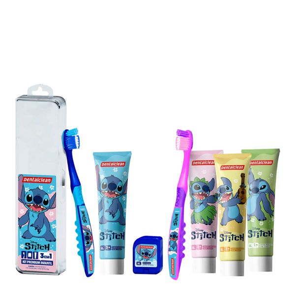 Kit Dentalclean Stitch 1 Escova + 1 Fio Dental 20m + 1 Gel Dental Morango 50g Cores Sortidas