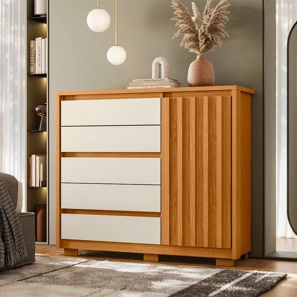 Cômoda Sapateira Palumoveis Duetto com 5 Gavetas e 1 Porta Cinamomo/Off White