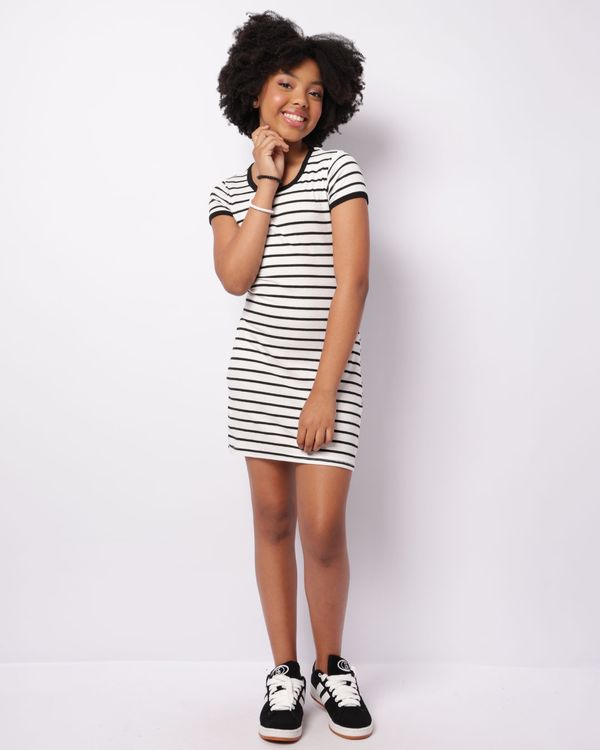 Vestido Juvenil Curto Canelado Listrado Branco 16
