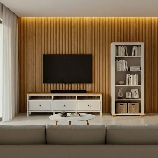 Conjunto de Sala 2 Peças com Rack e 1 Estante Ananda CabeCasa MadeiraOriginals Branco Off White/Mel Off White/Mel