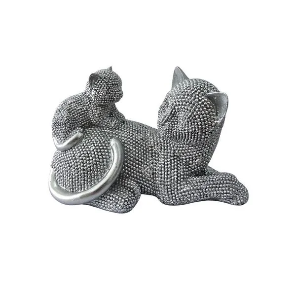 Estátua Decorativa Gato com Filhote em Resina para Sala com Brilhantes Prata Braswu 13cm Estátua Decorativa Gato com Filhote em Resina Prata Braswu para Decoração 13cm