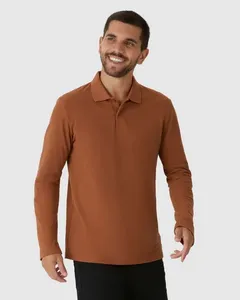 Camisa Polo Masculina Manga Longa Em Piquet Premium Marrom - M