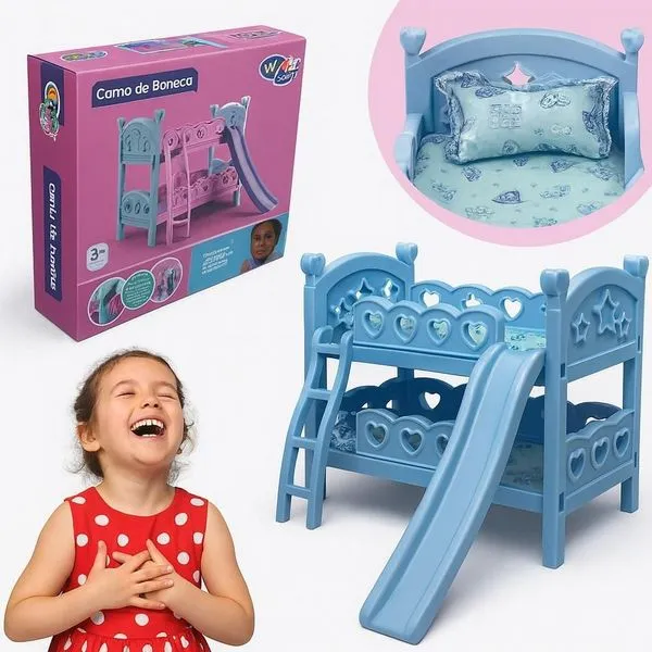 Beliche Cama De Boneca Dupla Com Escorregador Berco Infantil Para Brincadeiras Casinha Brinquedo Azul