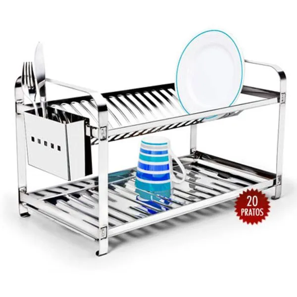Escorredor de Louças 20 Pratos Montado com Porta Talheres Inox 8504M - Mak Inox