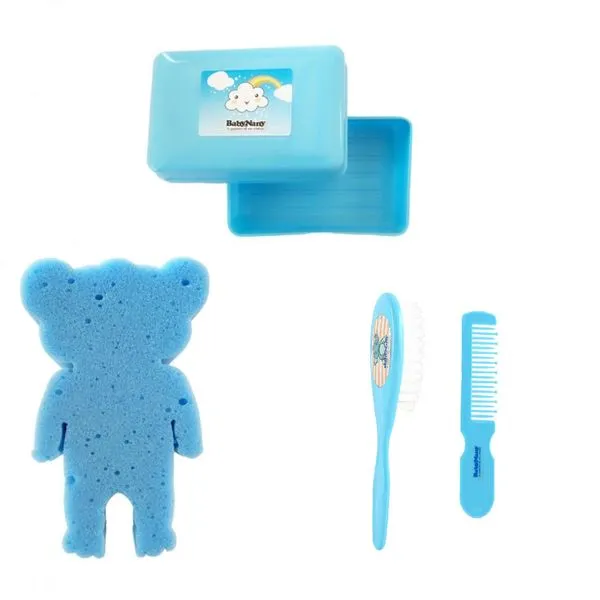Kit Banho cuidados para Bebe pente escova saboneteira e esponja Azul