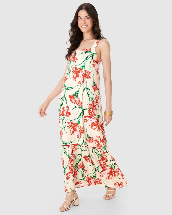Vestido Longo Feminino Amplo Estampa Floral Em Viscose Off White - P