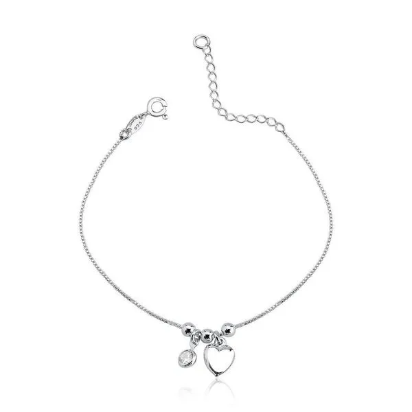 Tornozeleira Bolas 3mm Coração Ponto De Luz Prata 925 - 25cm