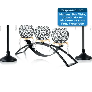 Conjunto 3 Porta-Velas Kehail Em Formato De Flor Preto Dourado A-MBI