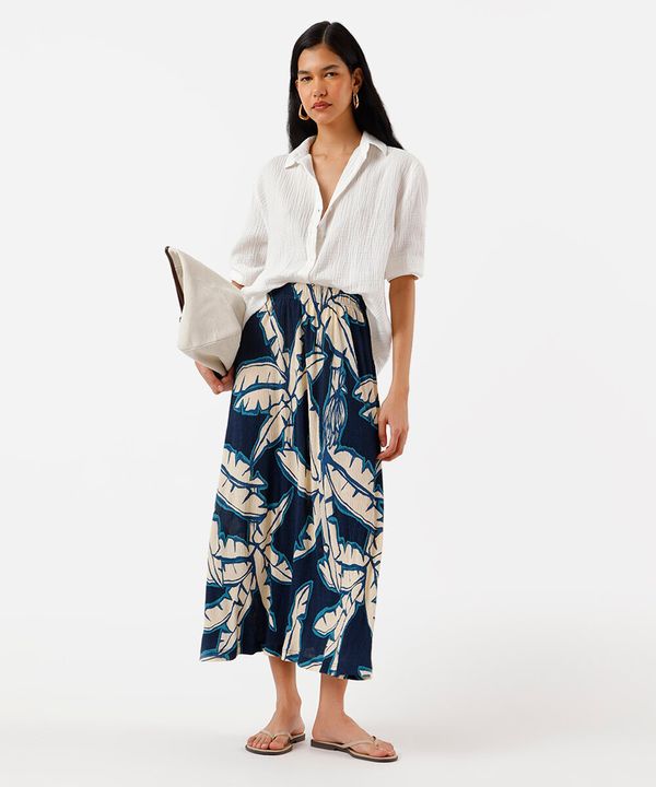 saia midi feminina plissada folhagens azul P