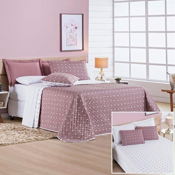 Cobre Leito + Jogo De Cama 200 Fios Petit Poá Queen 06 Peças 100% Poliéster - Rose