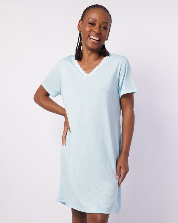 Camisola Feminina Curta Decote com Renda Estampada Poá Azul GG