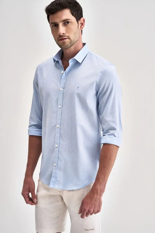 Camisa Casual Manga Longa Lisa - Azul - 8
