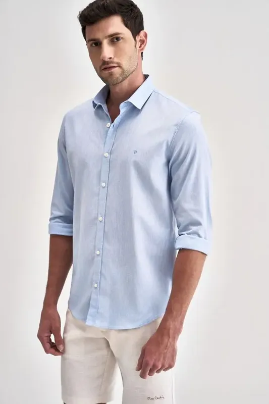 Camisa Casual Manga Longa Lisa - Azul - 8