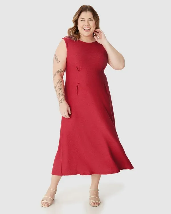 Vestido Midi Feminino Plus Size Acinturado Em Malha Viscose Texturizada Vermelho - G5