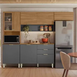 Cozinha Compacta Demóbile Aspen com Balcão, 8 Portas, 2 Gavetas e 3 Prateleiras 250cm de Largura Amêndola com Grafite