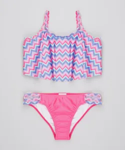 Biquíni Juvenil Estampado Chevron com Babado Proteção UV50+ Pink 14