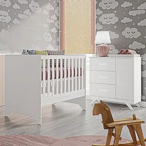 Berço Americano e Cômoda Maya 1 Porta 3 Gavetas em MDF 132cm Branco Canaã Berço Americano E Cômoda Ambiente Retro Maya Branco Acetinado – Canaã