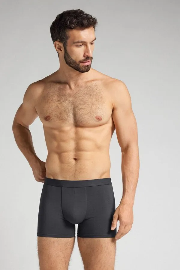 Cueca Boxer Em Algodão Supima Com Elástico Visível - Cinza GG
