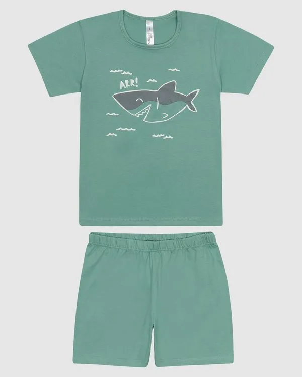 Pijama Infantil Menino Camiseta Estampa Tubarão Em Algodão Malwee Kids Verde - 6