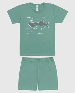 Pijama Infantil Menino Camiseta Estampa Tubarão Em Algodão Malwee Kids Verde - 6