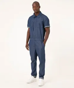 Macacão Jeans Masculino com Bolsos Manga Curta Azul Escuro 44