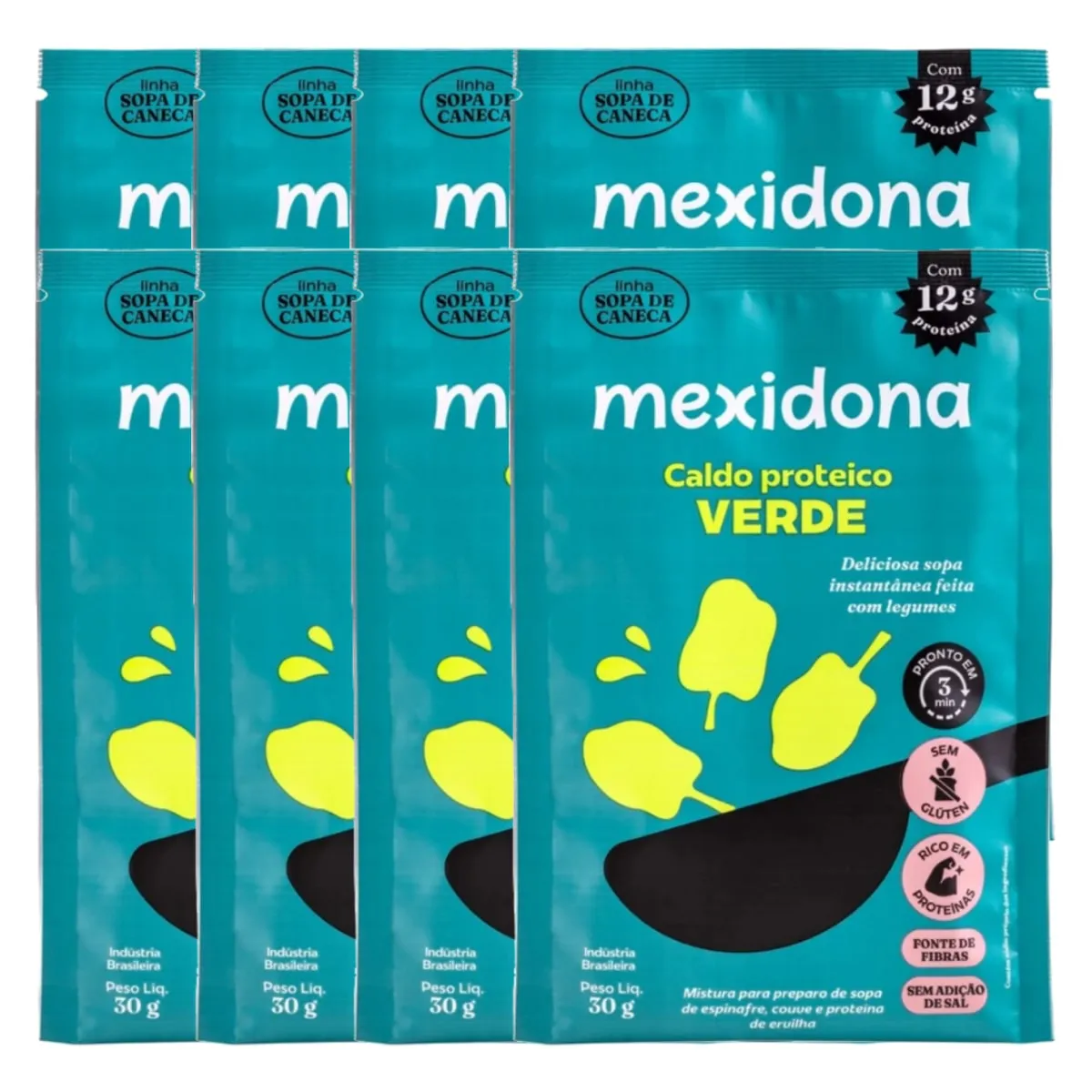 Sopa de Caneca Caldo Proteico Verde Sem Glúten, Vegano Mexidona contando 8 porções de 30g cada