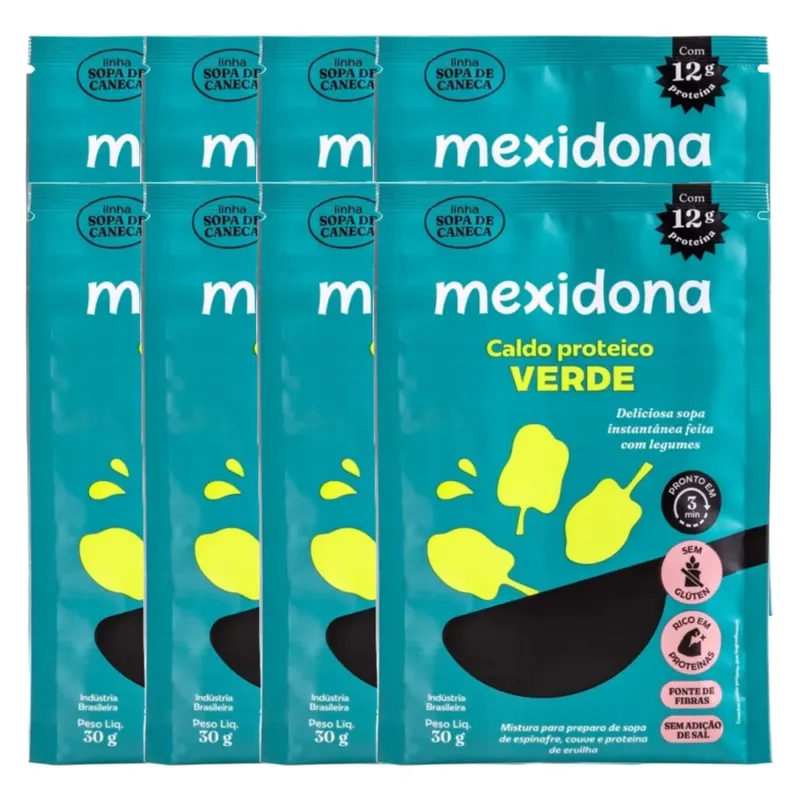 Sopa de Caneca Caldo Proteico Verde Sem Glúten, Vegano Mexidona contando 8 porções de 30g cada