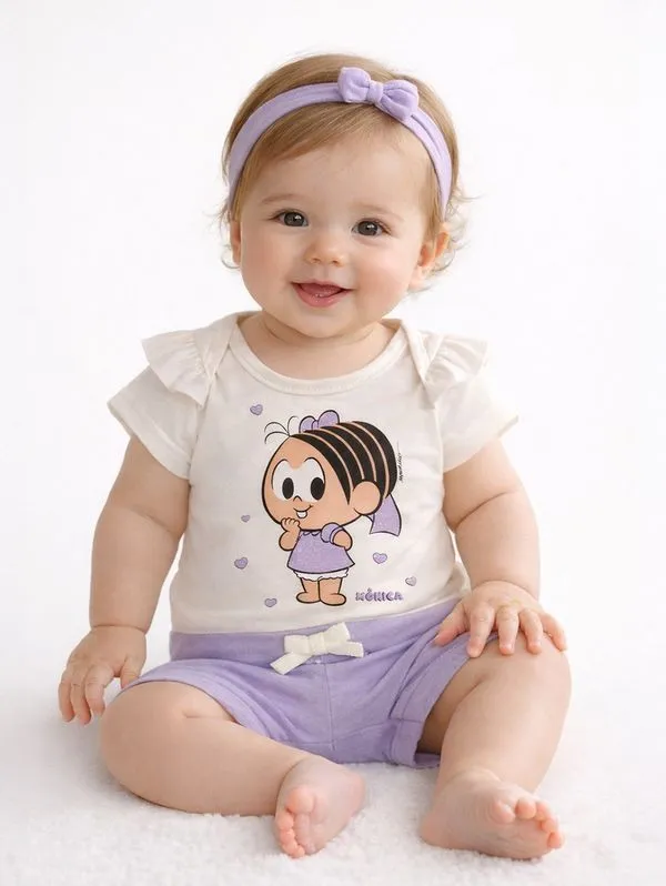 Conjunto Curto Turma da Mônica Infantil Para Bebê OFF WHITE P