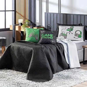 Kit Cobre Leito Colcha Casal Padrão Game Streamer Verde Dupla Face Com Almofadas Estampadas 07 Peças