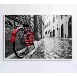 Quadro Urbano Bicicleta Vermelha Em Rua De Pedra Medidas 120x80 Cm Impressão Vidro Acrílico