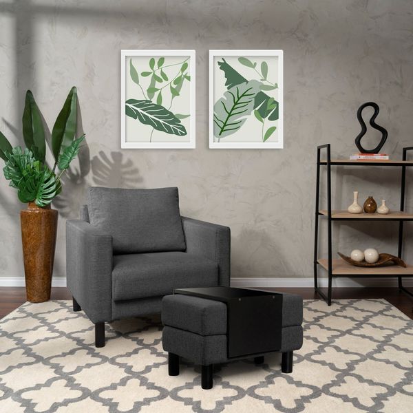 Conjunto Poltrona com Puff Baú 60cm e Bandeja Antúrio CabeCasa MadeiraOriginals Cinza Grafite