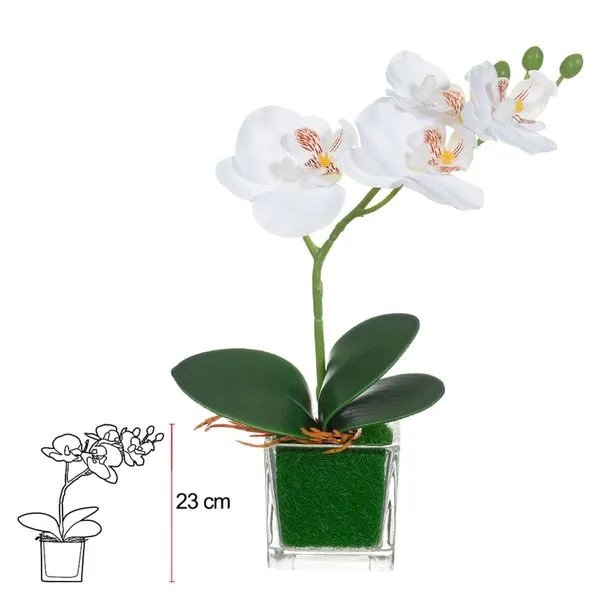 Orquídea Florarte 23cm Com Vaso De Vidro Branco e Amarelo (MP)