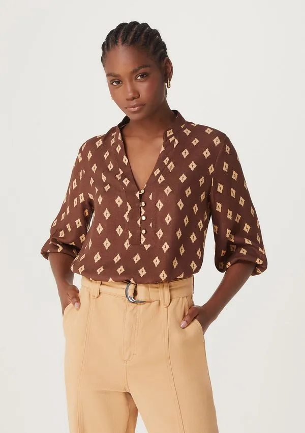 Blusa Feminina Decote V Estampada Manga Bufante - Marrom P