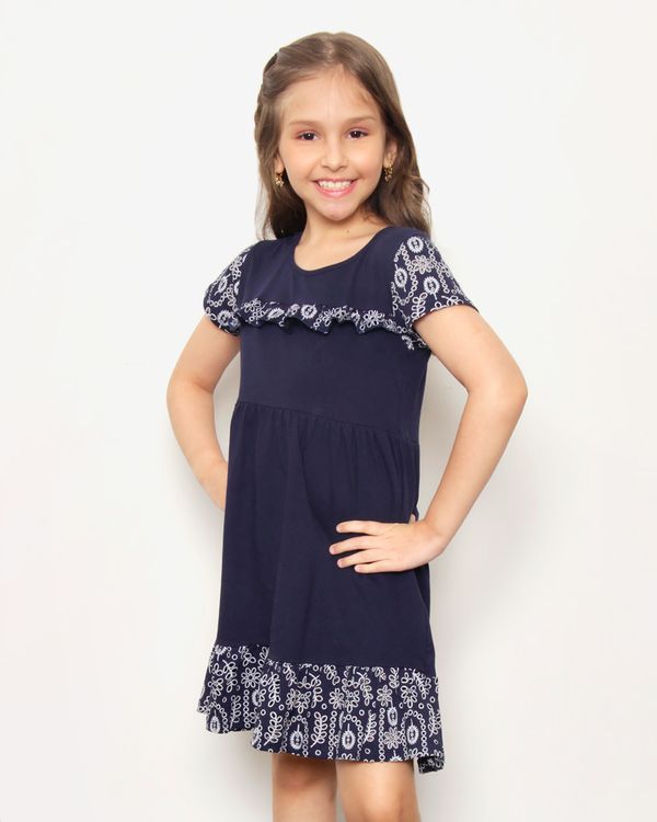 Vestido Infantil Manga Curta Babado Com Laise Marinho 4
