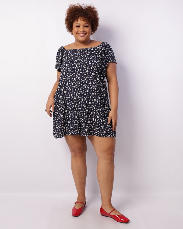 Macaquinho Plus Size Feminino Curto Viscose Estampado Marinho G1