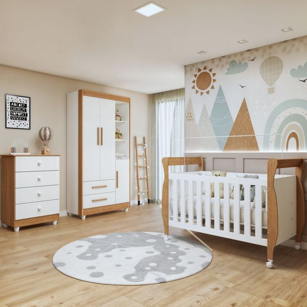 Quarto de Bebê Completo com Cômoda, Berço e Guarda Roupas Mia Branco / Amadeirado