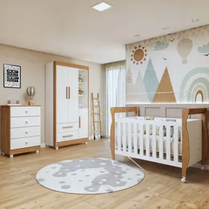 Quarto de Bebê Completo com Cômoda, Berço e Guarda Roupas Mia Branco / Amadeirado