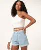 Short Mom Jeans Cintura Super Alta Barra Dobrada Azul Claro 42