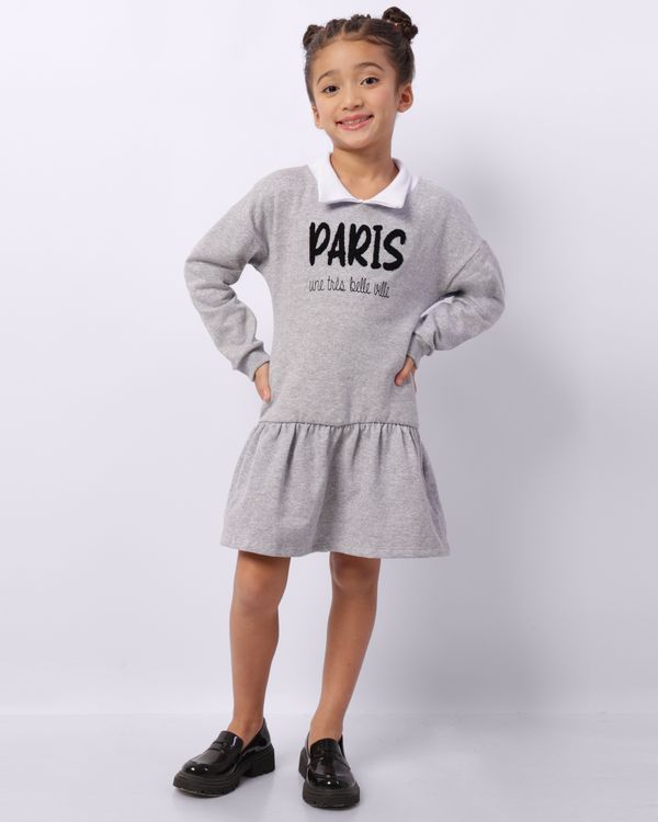 Vestido Infantil Curto Moletinho Bordado Gola Polo Cinza 8