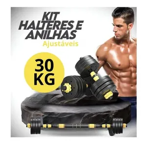 Kit Halteres 6 Em 1 Peso Musculação Até 30kg Ajustável Preto Cor:preto E Amarelo