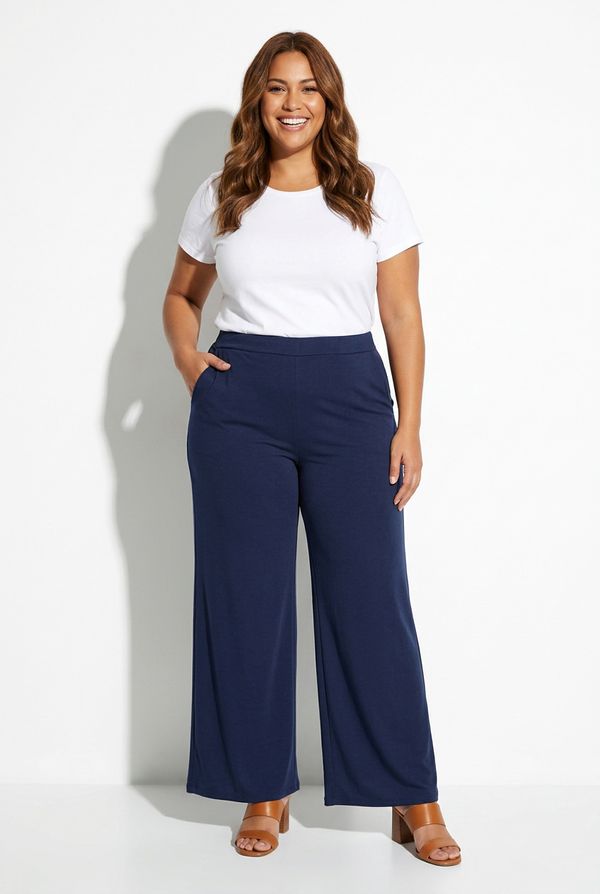 Calça Pantalona em Malha De Poliéster Cintura Alta Azul XLG