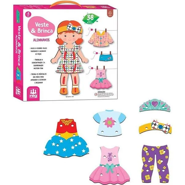 Brinquedo Educativo Alinhavo Veste e Brinca Madeira com Boneca 26cm e 37 Peças Nig Brinquedos Alinhavo Veste e Brinca Madeira Boneca 26cm 37 Peças Nig Brinquedos